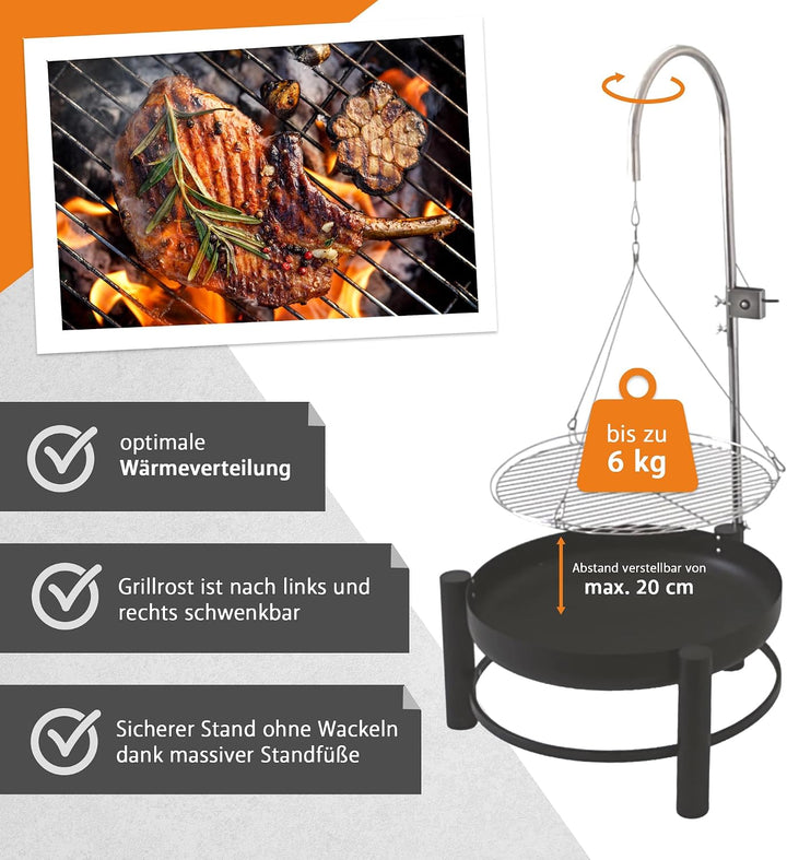 NATIV Lemodo Feuerschale mit Grillrost - Dreibein-Schwenkgrill - Dreifuss-Grill mit Kurbel zur Höhen