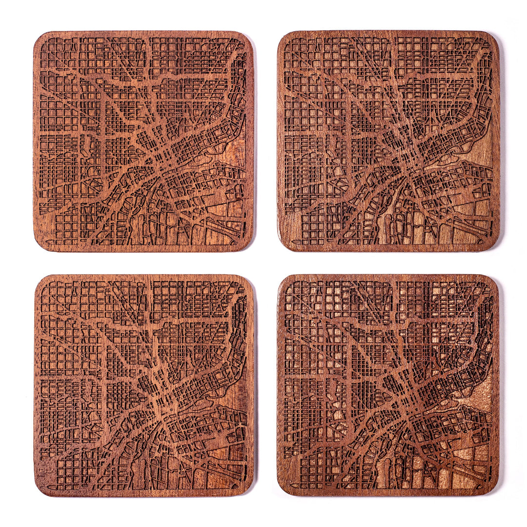 Detroit Untersetzer mit Landkarte aus Sapeli-Holz, 4 Stück, mit Stadtkarte, mehrere Stadt optional,