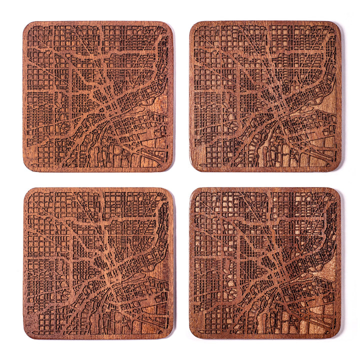 Detroit Untersetzer mit Landkarte aus Sapeli-Holz, 4 Stück, mit Stadtkarte, mehrere Stadt optional,