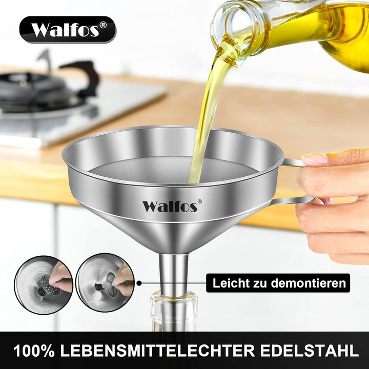 Walfos Trichter Set aus Edelstahl mit 2 abnehmbaren Siebfilter zum Übertragen Flüssigkeit, Speiseöle