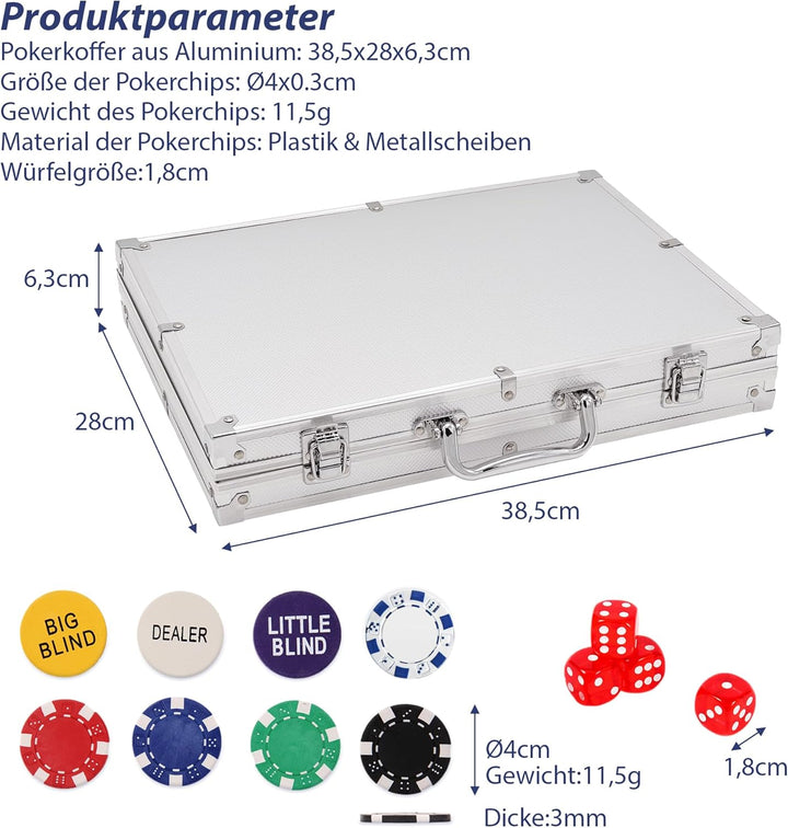 Pokerkoffer mit 500 Laserchips 2 Pokerdecks 3 Button Poker Komplettset, Pokerset Profi Deluxe Set St