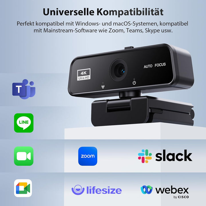 Webcam 4K - UHD PC Kamera mit USB A Klares Stereo-Audio, Automatische Lichtkorrektur Autofokus USB W