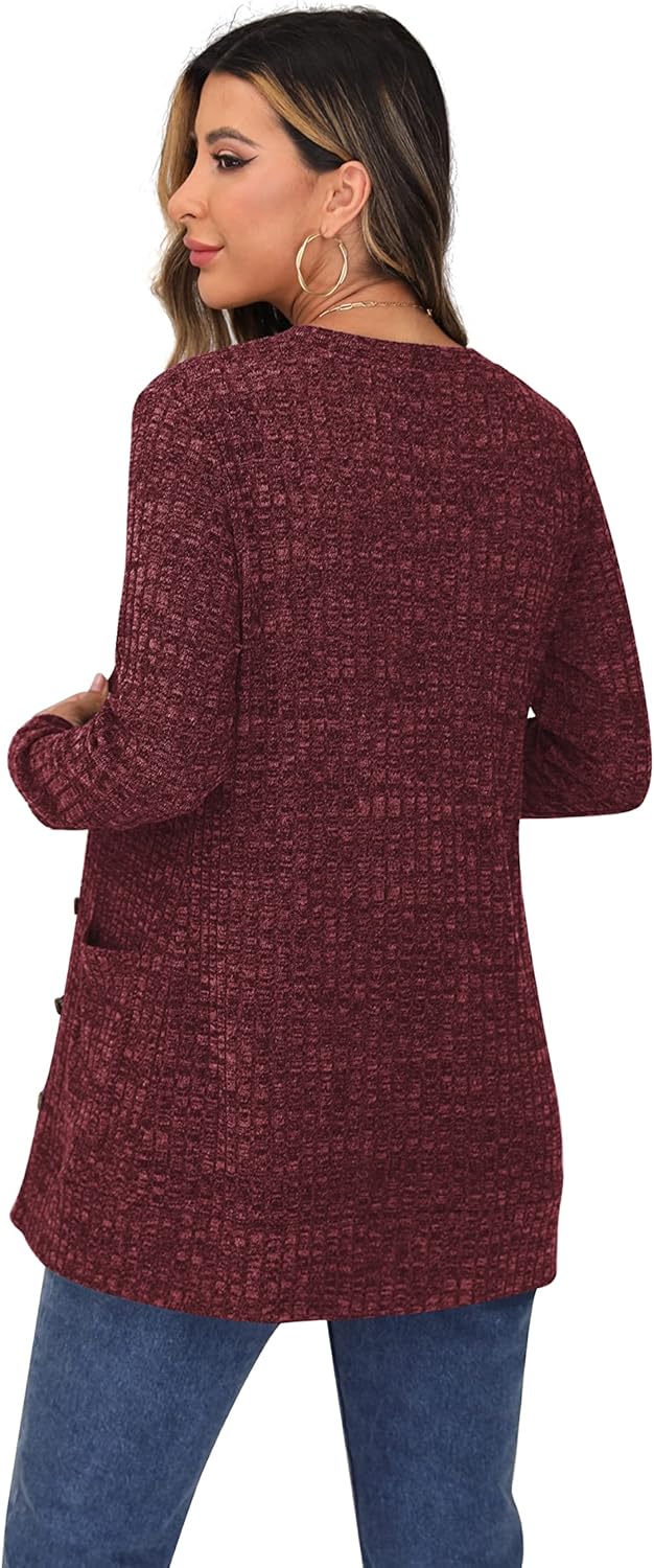 GRECERELLE Damen Lang Strickjacke Herbst Leichte mit Taschen und Knöpfen Weiche Long Elegant Gerippt