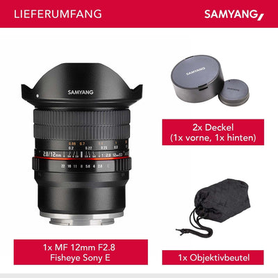 Samyang 7472 12/2,8 Objektiv Fisheye DSLR Sony E manueller Fokus Fotoobjektiv, Superweitwinkel schwa