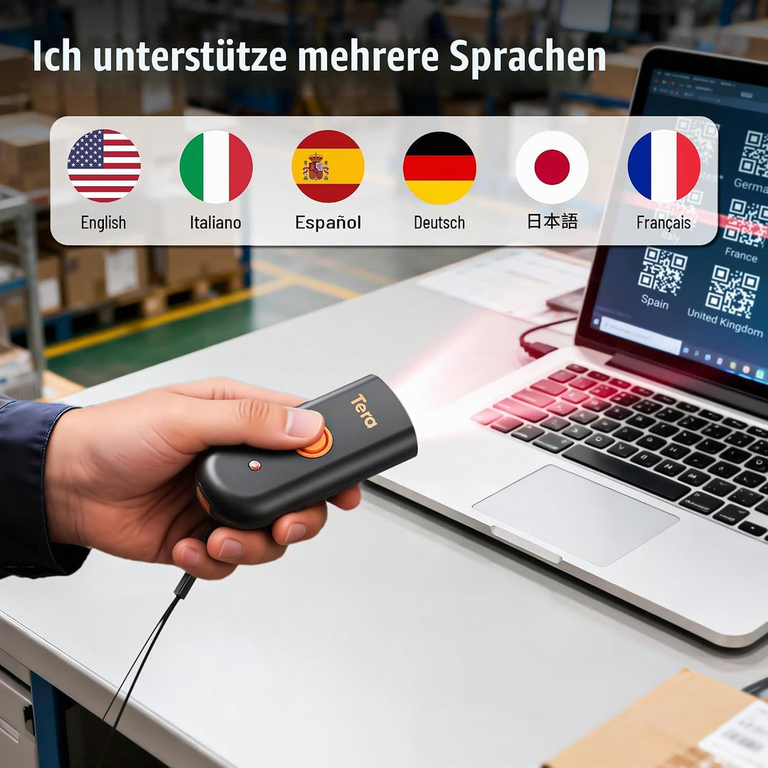 Tera Mini Tragbarer Barcode-Scanner CMOS Barcodescanner 3-in-1 Bluetooth &amp; USB-Kabel &amp; 2,4G Wireless
