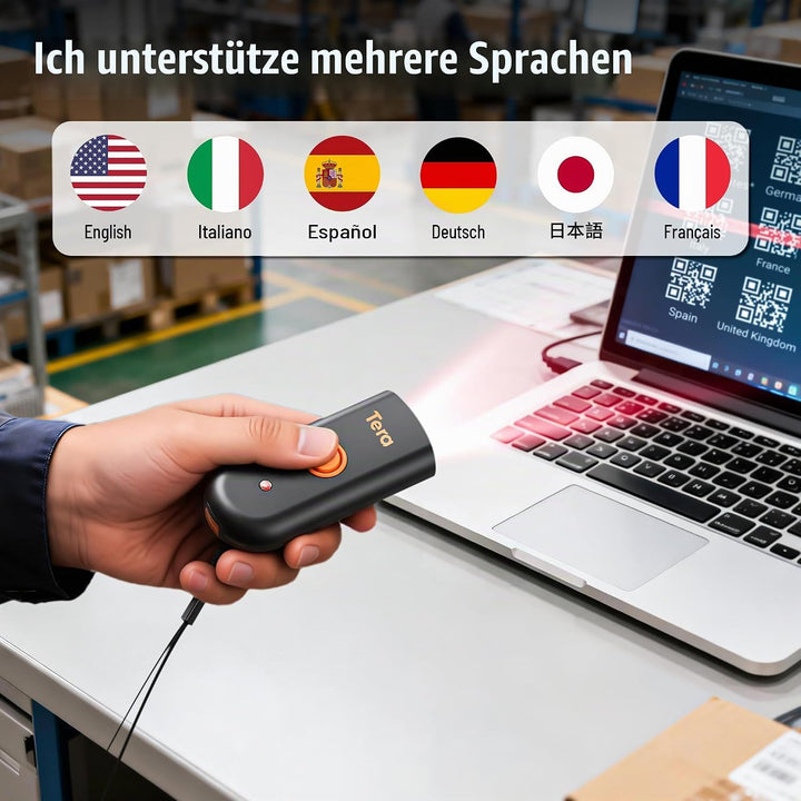 Tera Mini Tragbarer Barcode-Scanner CMOS Barcodescanner 3-in-1 Bluetooth &amp; USB-Kabel &amp; 2,4G Wireless