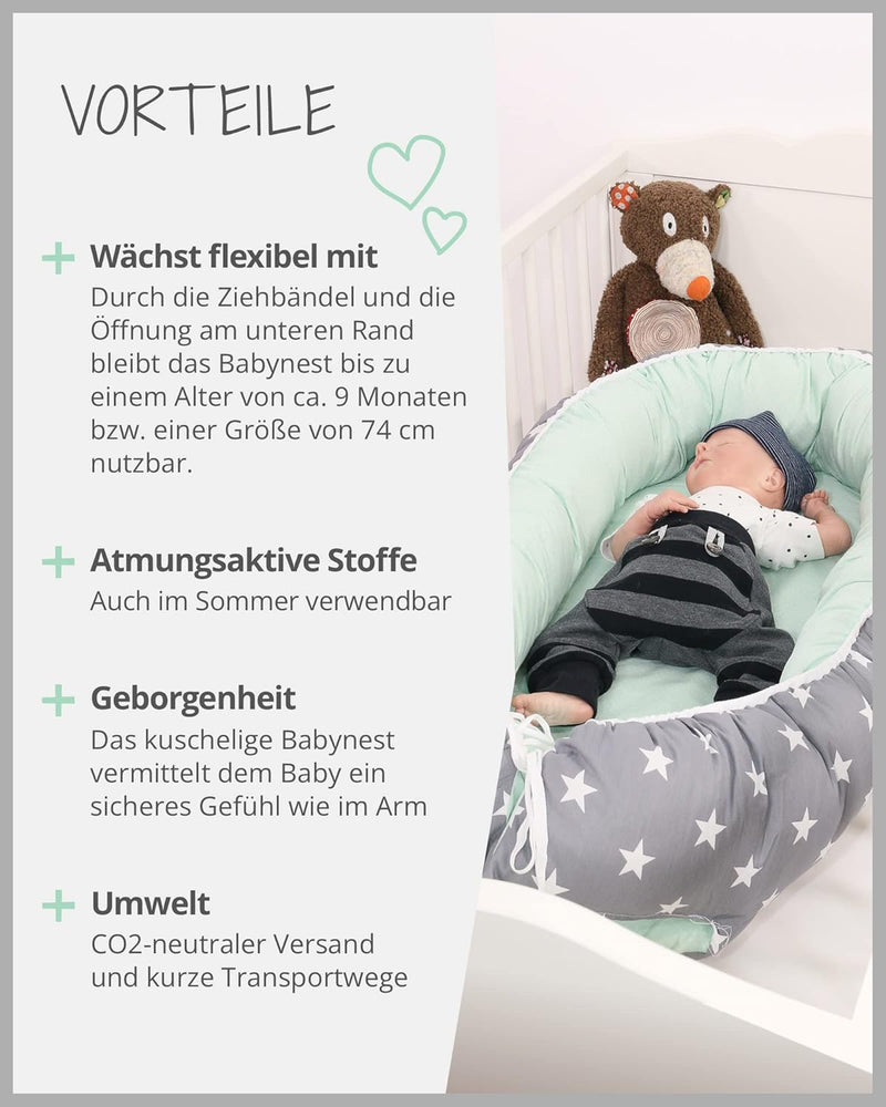 ULLENBOOM ® Babynest Set mit Einlage, Kuschelnest (55x95 cm) Mint Grau (Made in EU) - Baby Nestchen
