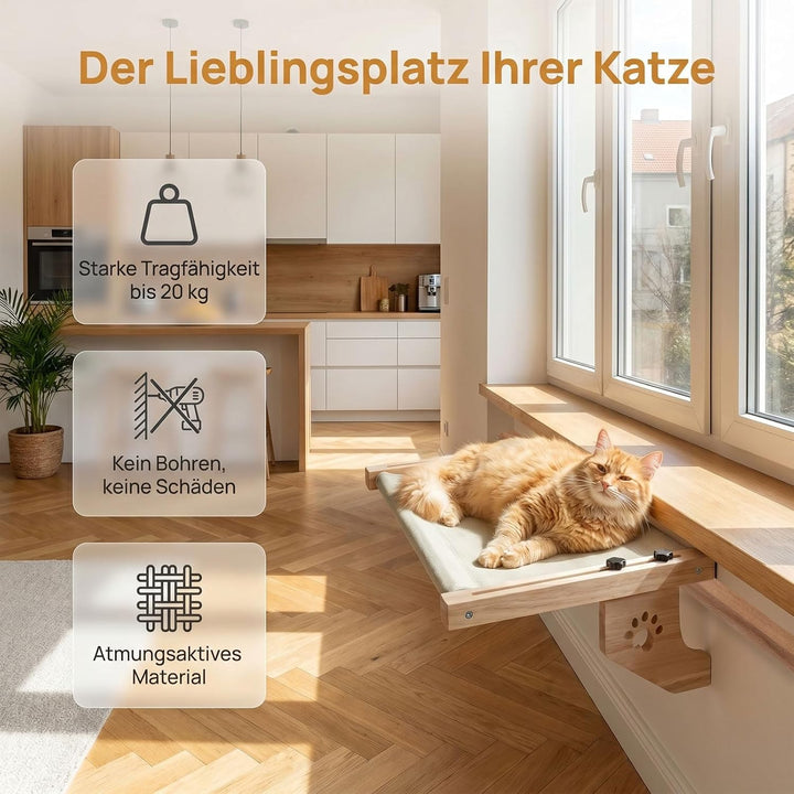Fensterliege für Katzen – Hängende Katzenliege mit Klettverschluss, Grösse 55 x 38 cm, Robuste Holzh