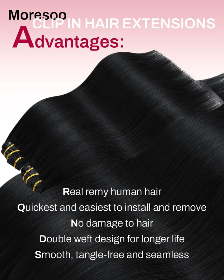 Moresoo Clip in Extensions Echthaar Remy Haarextension Echthaar Clip Doppelt Tressen Clip in Extensi