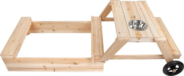 Small Foot Sandkasten mit Sitzgruppe und Matschtisch aus Holz, 3-in-1 Sandkiste zum Zusammenschieben