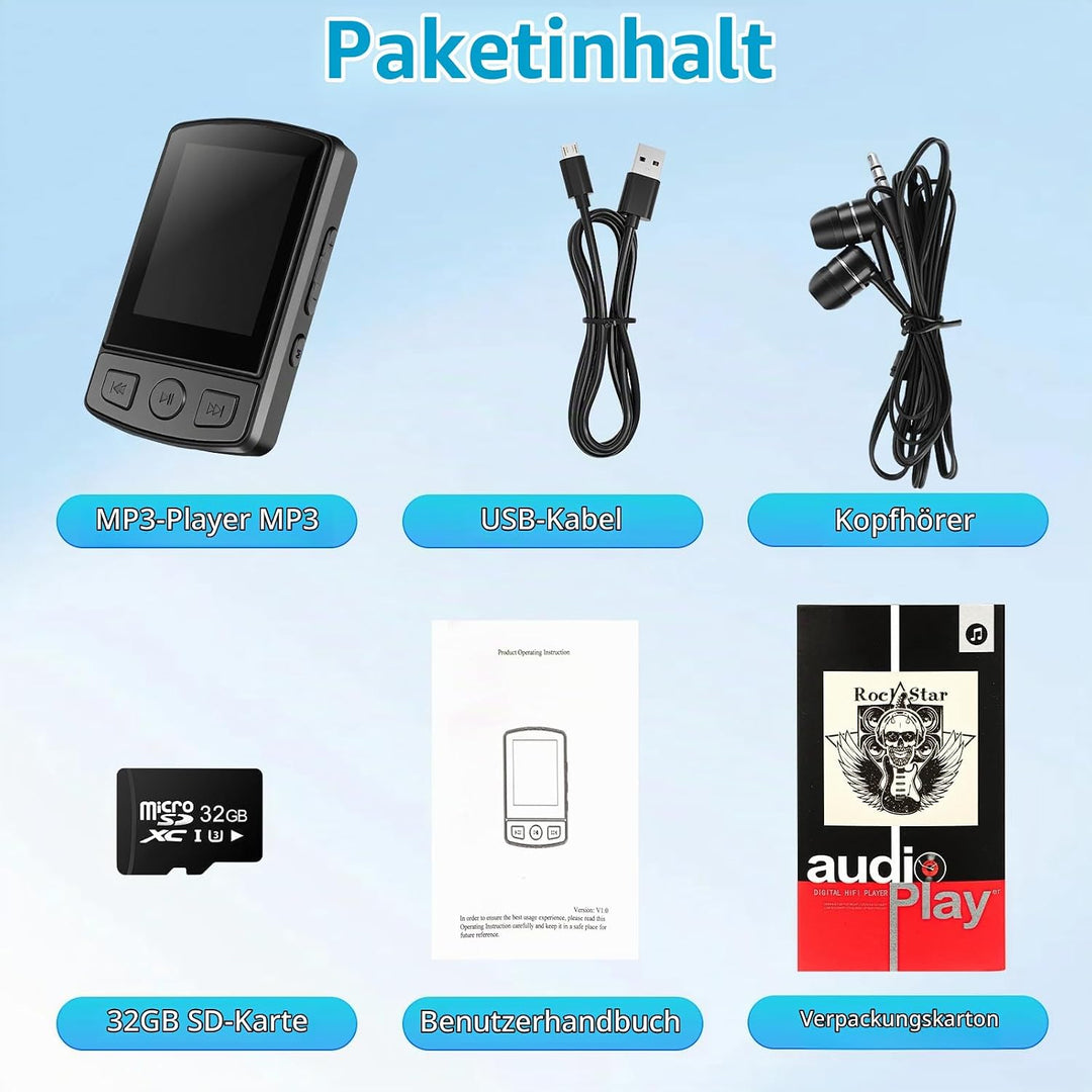 MP3 Players Bluetooth 5.2-1,8 Zoll TFT Farbbildschirm mit Clip Sport 32GB MP3 - Player FM Radio, Lau