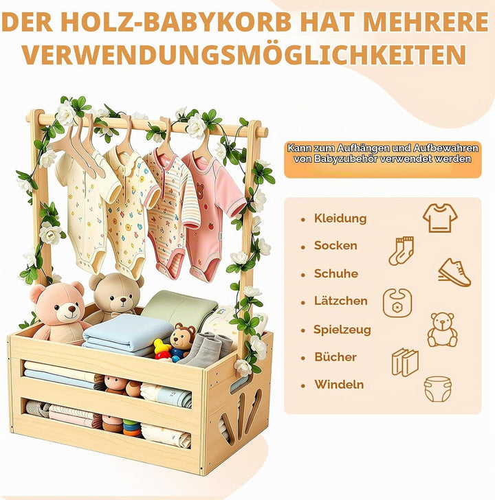 Baby Geschenk Korb aus Holz mit Griff, Baby Aufbewahrungskorb mit Kinder Kleiderbügel und Girlande,