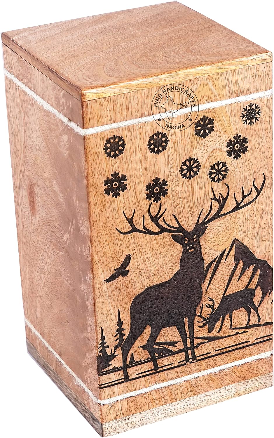 Handgefertigte Holzurne mit floraler Gravur für menschliche Asche für Erwachsene, gross – Buck Deer