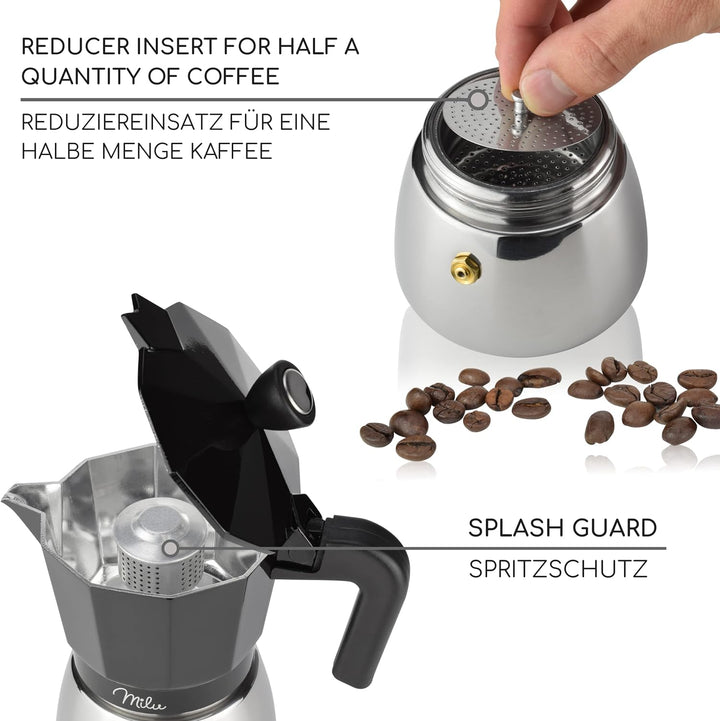 Milu Espressokocher Induktion geeignet | 3, 6, 9 Tassen | Aluminium Mokkakanne, Edelstahl Espressoka
