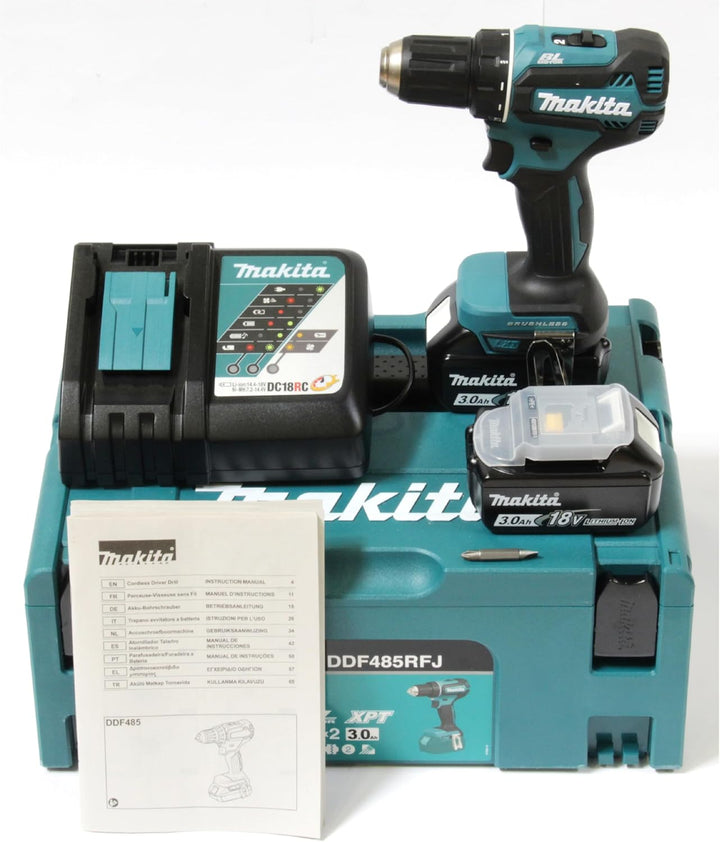Makita DDF485RFJ Akku-Bohrschrauber 18V / 3,0 Ah, 2 Akkus + Ladegerät im MAKPAC 2 Akkus 3Ah, mit Lad