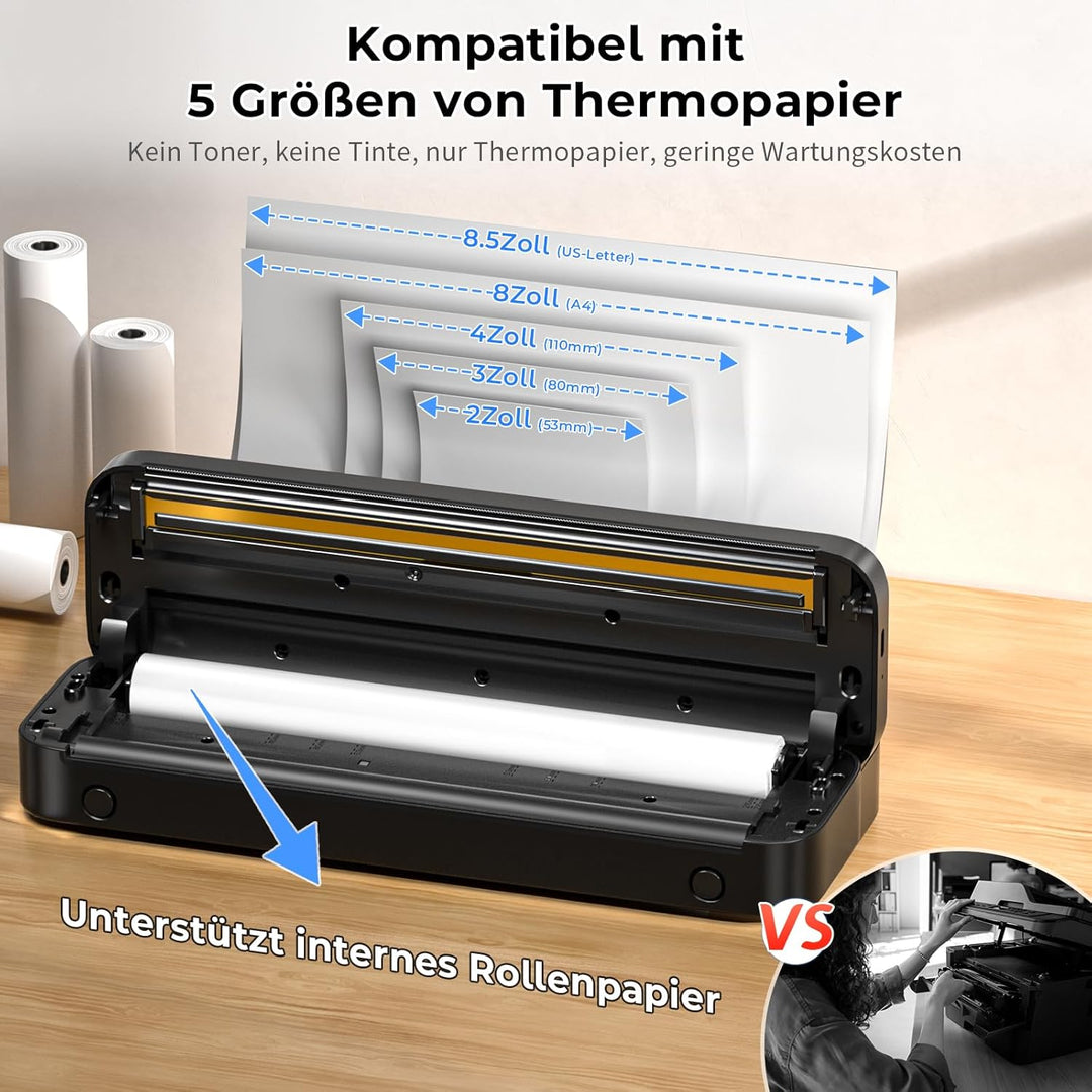 Mobiler Drucker A4 für Unterwegs, Tragbarer Drucker Thermodrucker A4 Wireless Bluetooth Inkless Hand