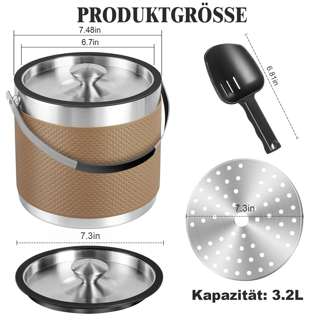 3.2L Eiswürfelbehälter mit Deckel und Schaufel, Upgrade Lederdesign Edelstahl Eiskübel, Doppelwandig