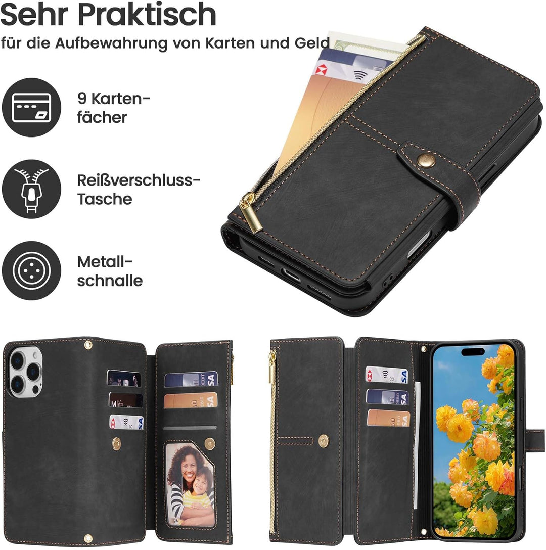 ZCDAYE Hülle für iPhone 16 Pro Max mit Band Handykette, Leder Handyhülle Handytasche mit Kartenfäche