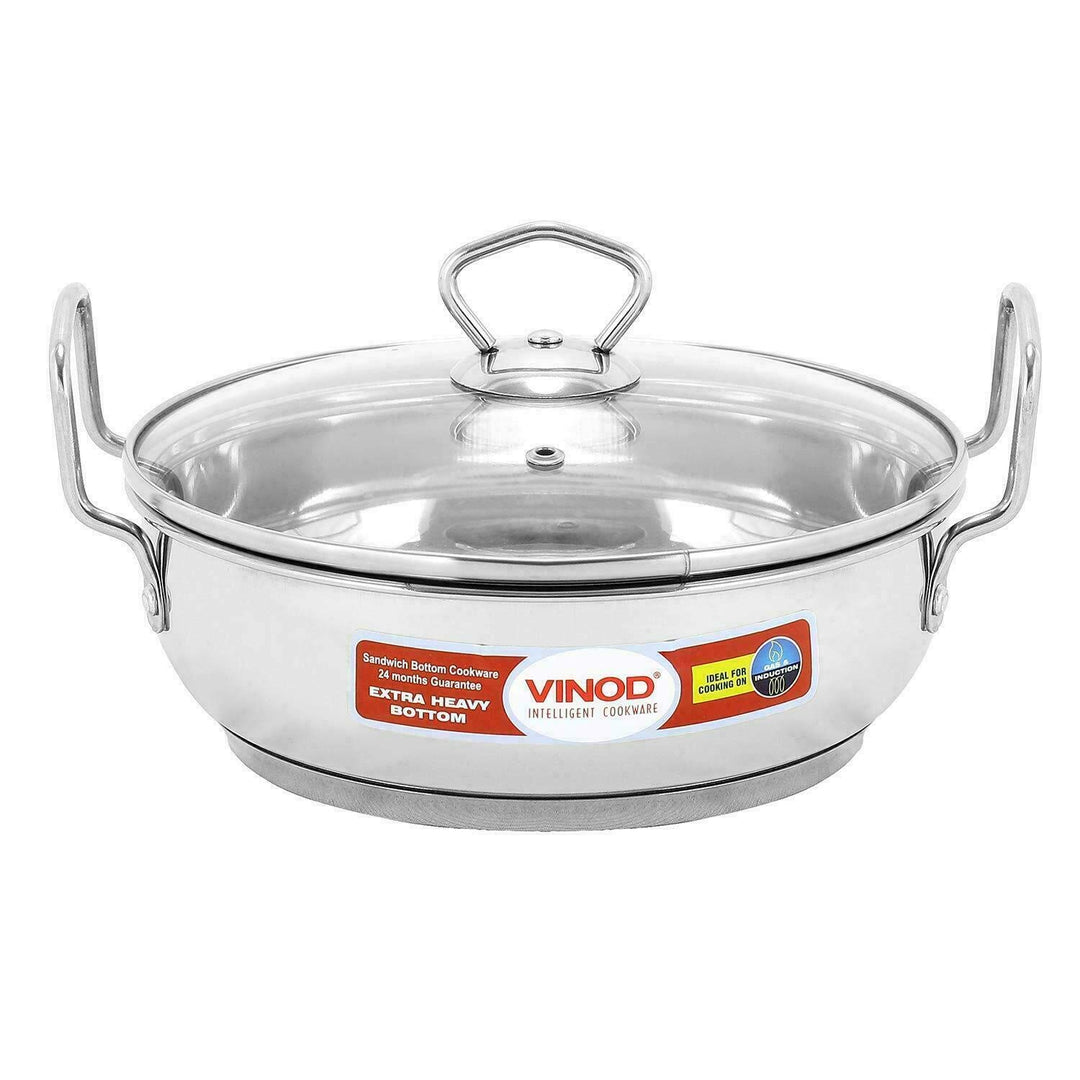 Vinod Kadai Wok aus Edelstahl, Induktionsfreundlich, mit Glasdeckel, 24 cm / 3,4 l