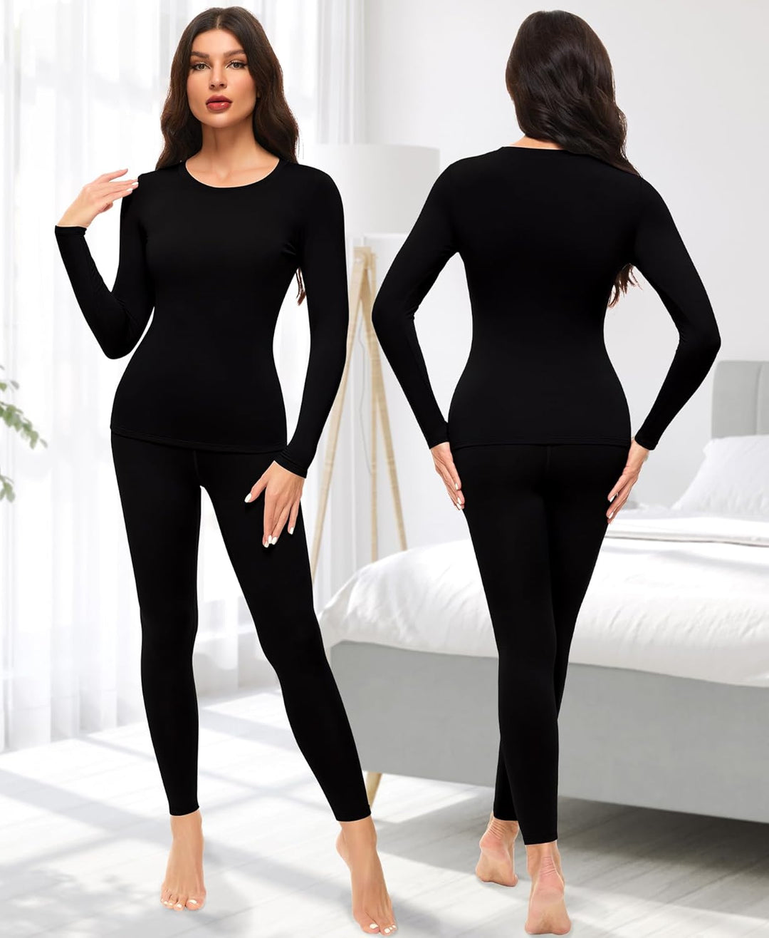Ganado Thermounterwäsche Set Damen Innenfleece Thermowäsche Thermo Oberteil und Thermohose Leggings