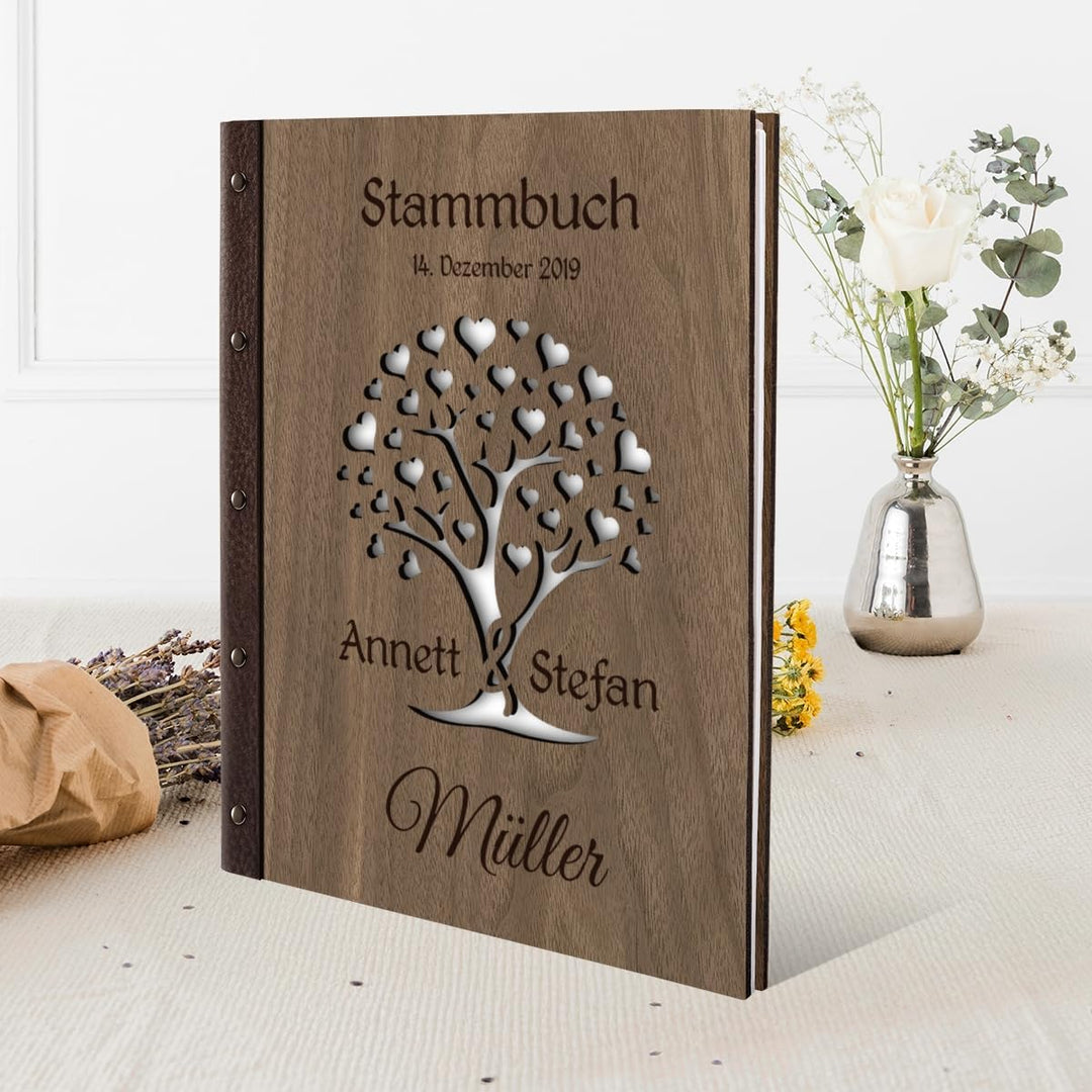 Kartenmachen.de Stammbuch der Familie Holz mit Echtleder Rücken Gravur individuell mit Extras DIN A4