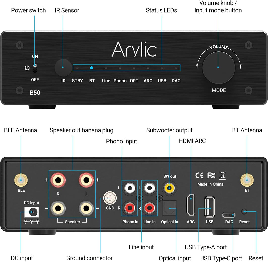 Arylic B50 Verstärker mit Bluetooth, Stereo Amplifier, 2 Kanal 50W*2 Home Audio AMP, mit HDMI, ARC,