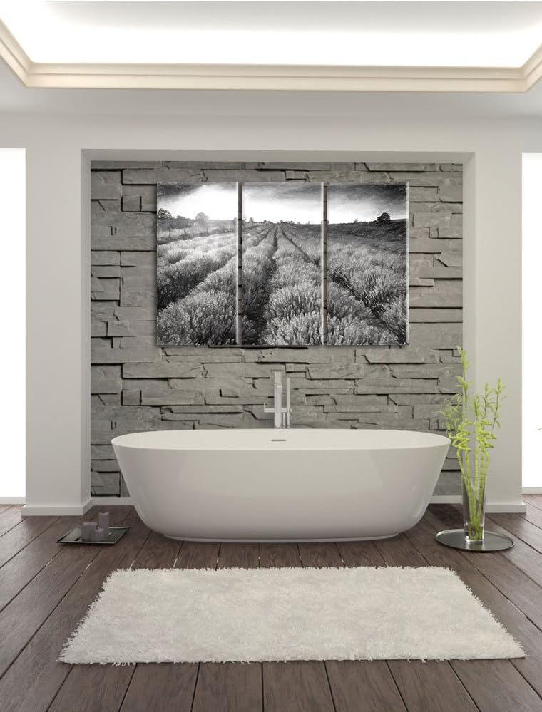 Pixxprint Lavendelfeld in Frankreich / 3-Teilig/Gesamtmass 120cm Leinwandbild bespannt auf Holzrahme