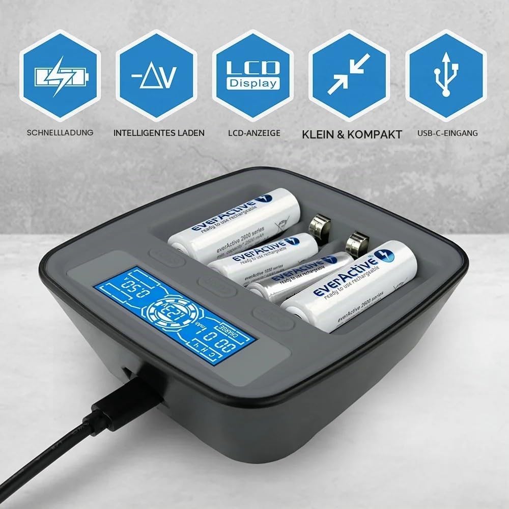 everActive Ladegerät für NI-MH, NI-Cd, 1-4x R6/AA, R03/AAA, professionell und schnell, USB-C NI-MH p