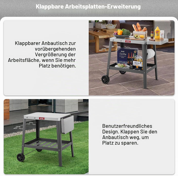 Feasto Beweglicher Grilltischwagen für den Aussenbereich, Pizzaofentisch mit Rollen, Edelstahl-Arbei