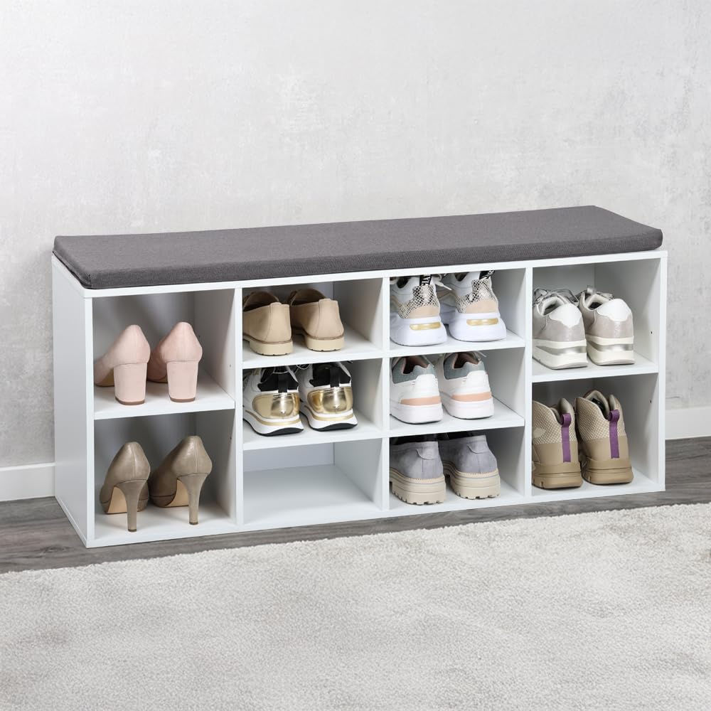 Kesper | Schuhschrank mit Sitzkissen | Weiss lackiert | variabel einteilbare Fächer | FSC®-zertifizi