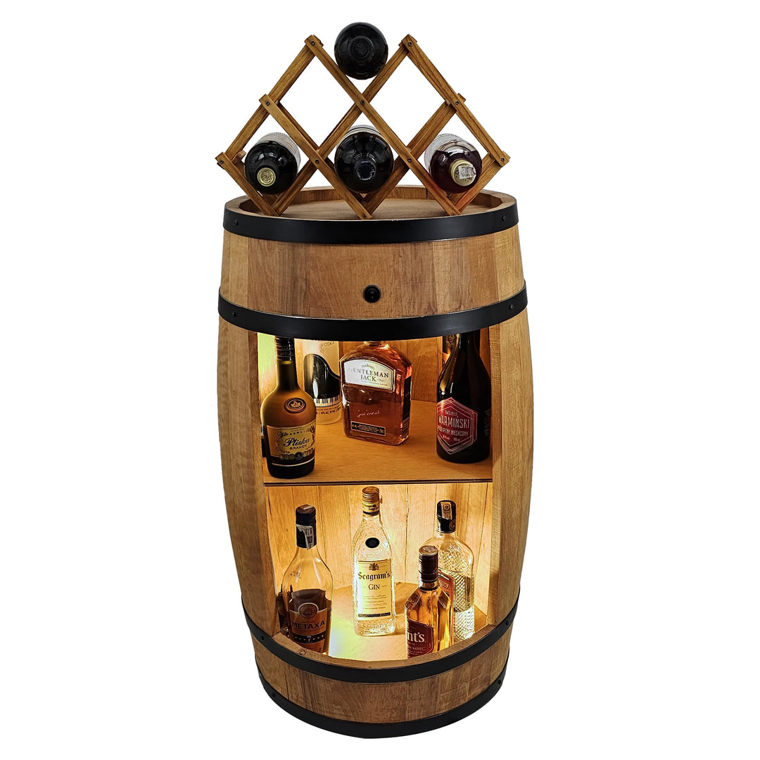 CREATIVE COOPER Fassbar LED mit Weinhalter - Weinregal - Holzfass Hausbar 80x50cm - Rustikaler deko