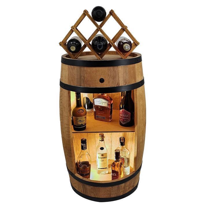 CREATIVE COOPER Fassbar LED mit Weinhalter - Weinregal - Holzfass Hausbar 80x50cm - Rustikaler deko