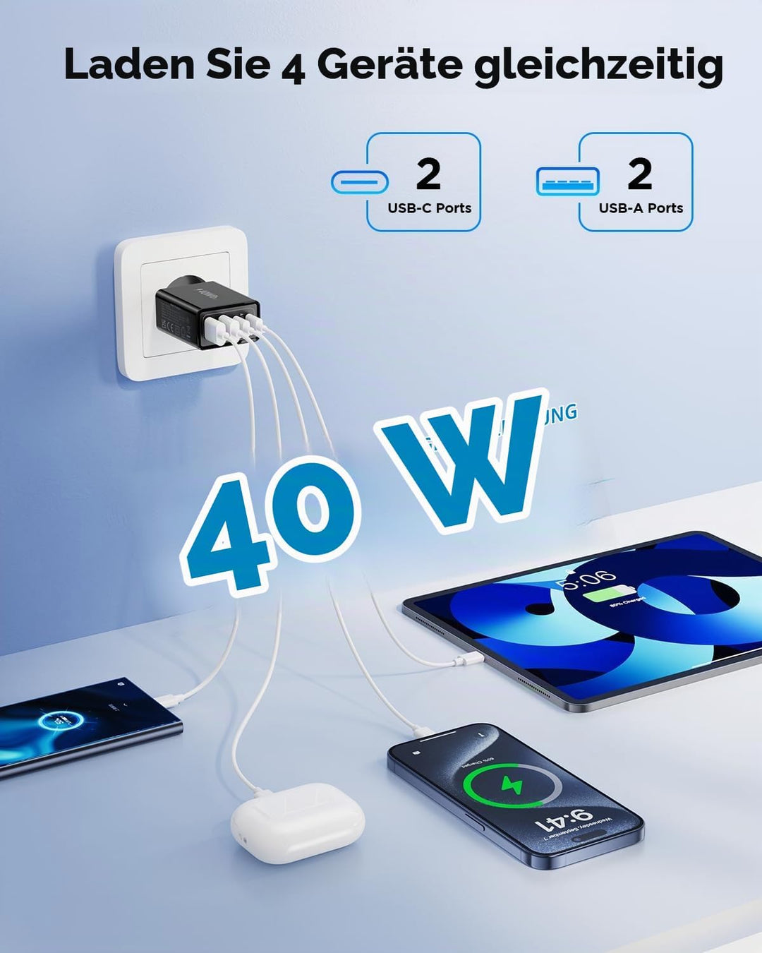 2-Pack USB C Stecker, 40W 4-Port Netzteil USBC Ladegerät Mehrfach mit PD+QC, Adapter USB-C Fast Char