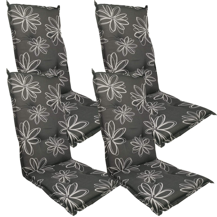 DILUMA Hochlehner Auflage Naxos für Gartenstühle 4er Set 118x49 cm Blume Schwarz - 6 cm Starke Premi