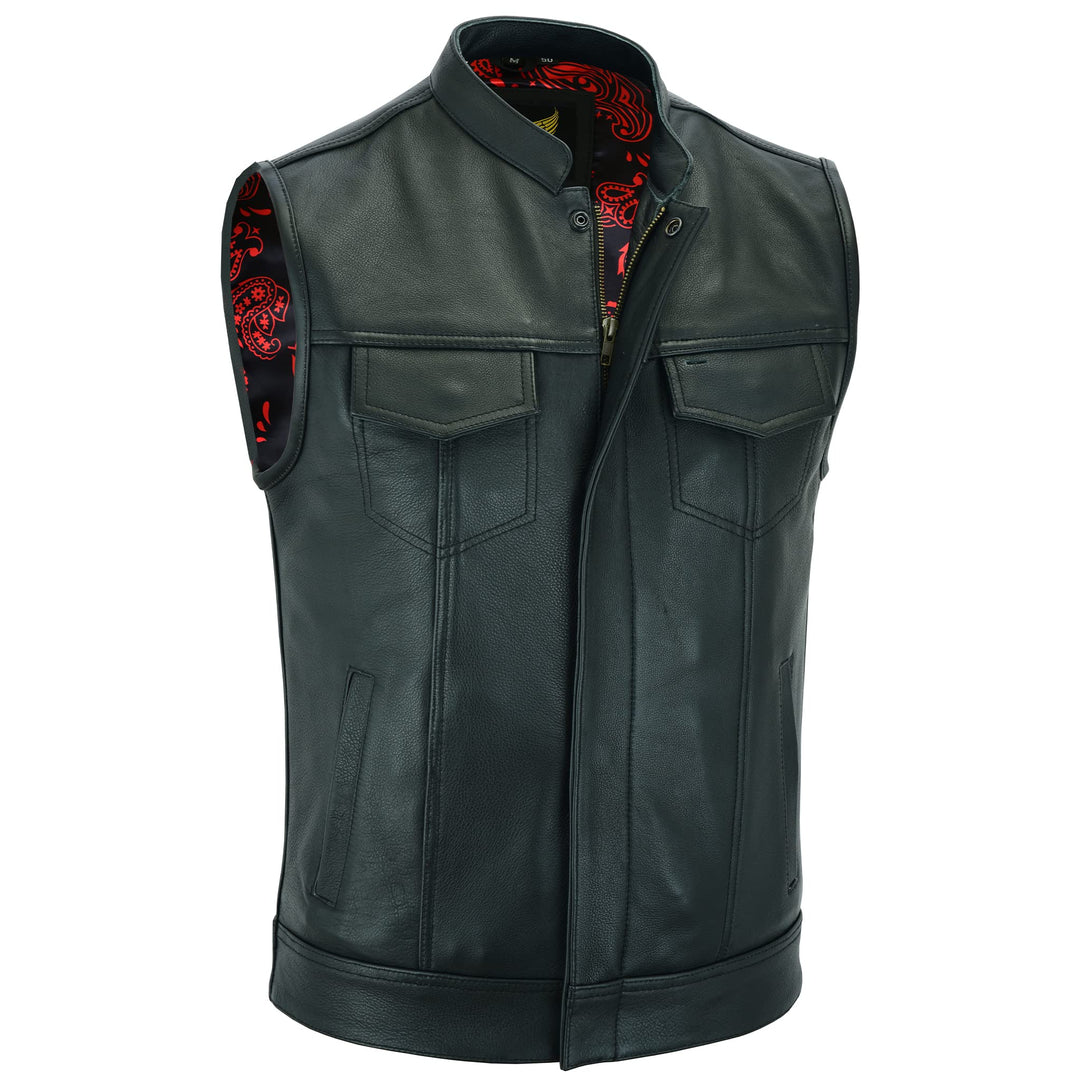 Leatherick Groove Club Herren-Motorradweste aus schwarzem Leder – Bikerweste 46 Schwarz (schwarze Fa