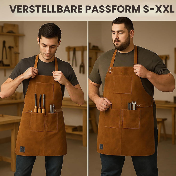 Grill-Arbeitsschürze aus Leder mit Werkzeugtaschen – verstellbare Grill-Kochschürze bis XXL für Männ