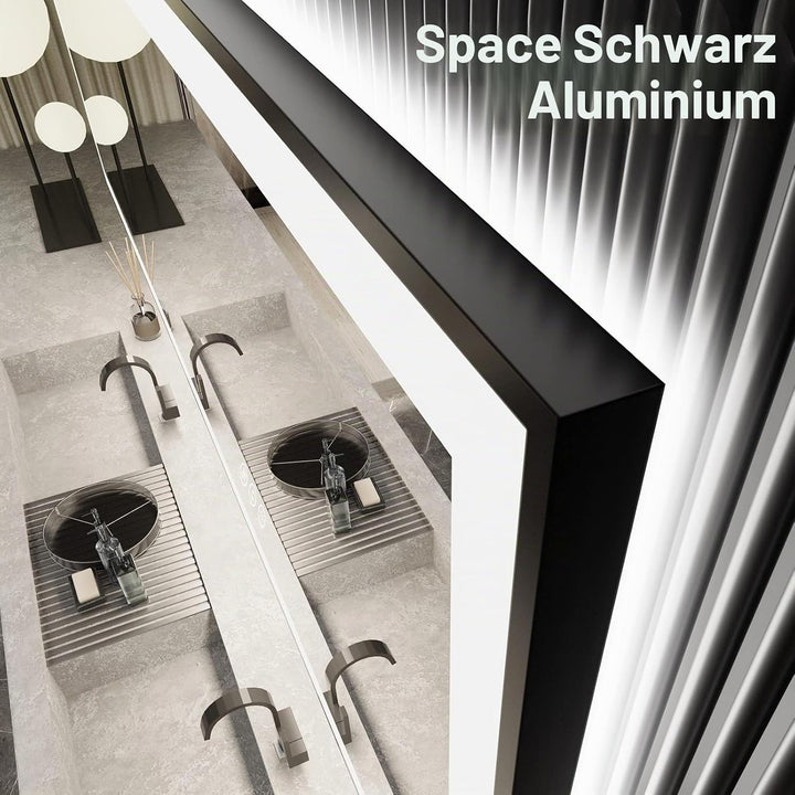 50x70cm Badspiegel mit Beleuchtung, Hartglas Badspiegel LED Antibeschlag, Schwarzer Aluminiumrahmen