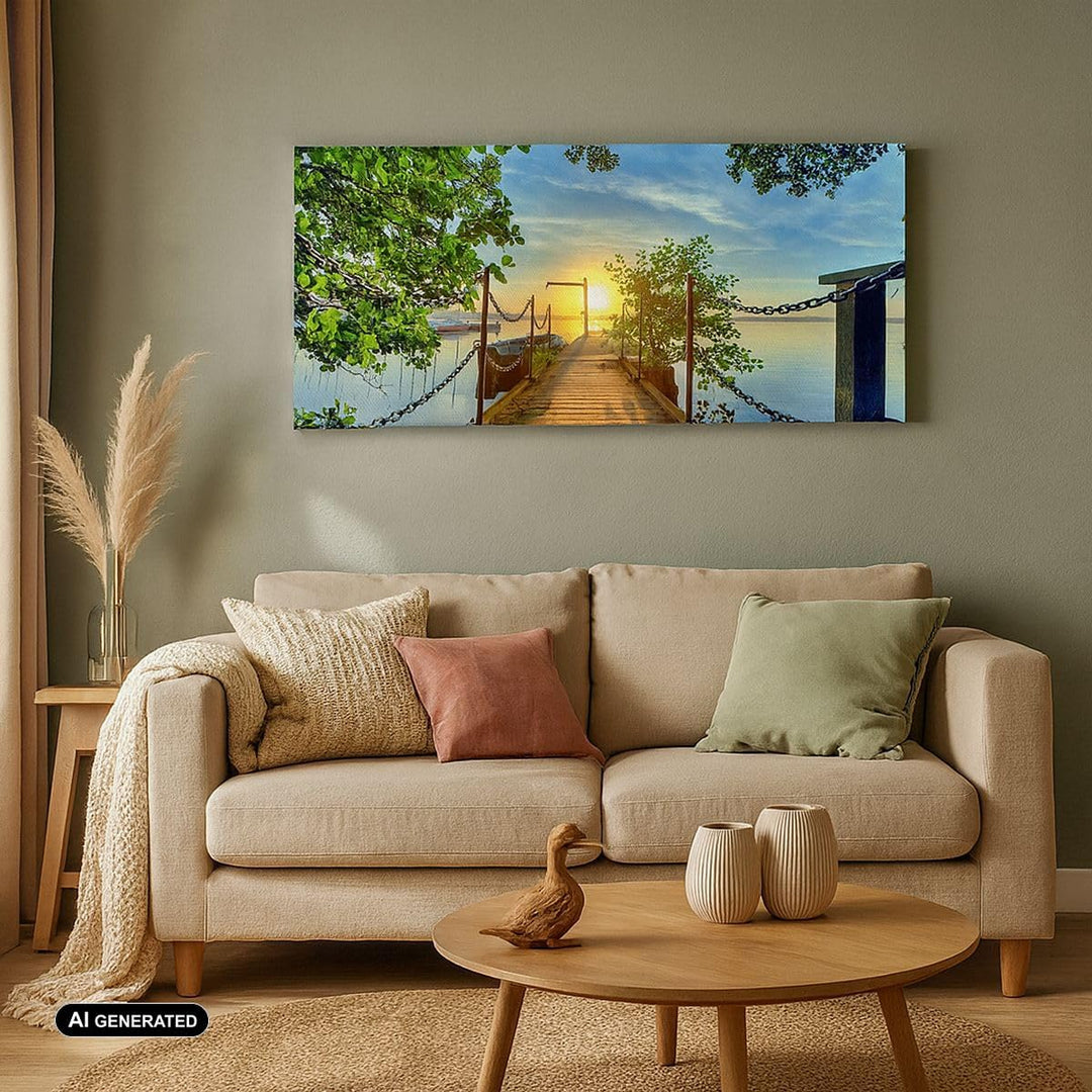 Wandbilder Dekoration Wohnzimmer See Sonnenuntergang Boot Landschaft Bilder auf Leinwand 120x50cm Le