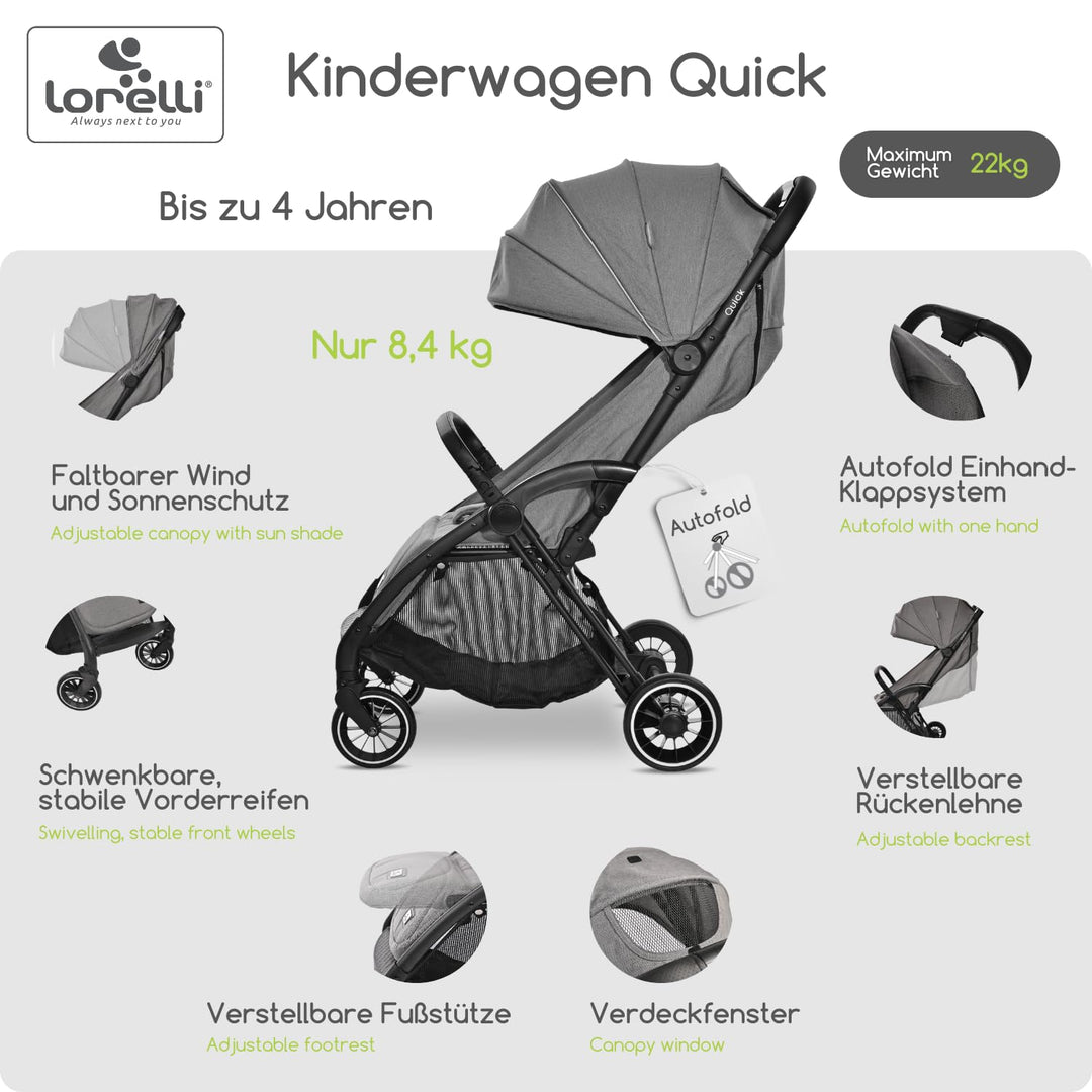 Lorelli Kinderwagen Quick, Sport Buggy klein zusammenklappbar, Einhand-Klappsystem in Sekunden, Nur