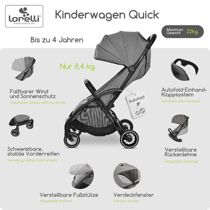Lorelli Kinderwagen Quick, Sport Buggy klein zusammenklappbar, Einhand-Klappsystem in Sekunden, Nur