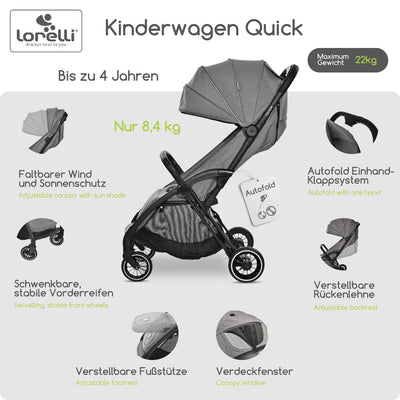 Lorelli Kinderwagen Quick, Sport Buggy klein zusammenklappbar, Einhand-Klappsystem in Sekunden, Nur