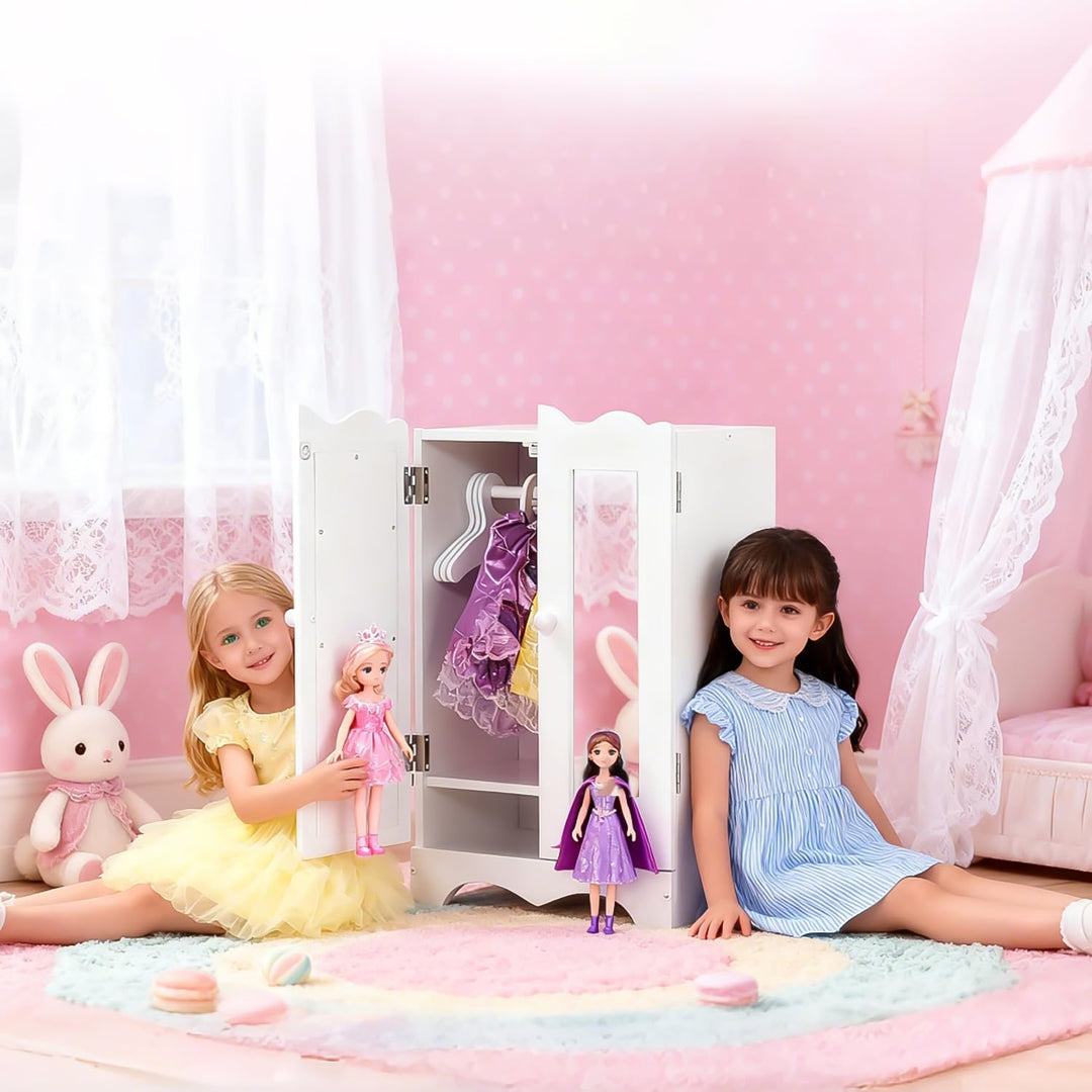 Holzpuppenmöbel mit 6 Kleiderbügeln Offener Kleiderschrank Organizer Puppenschrank für Puppen Spielz