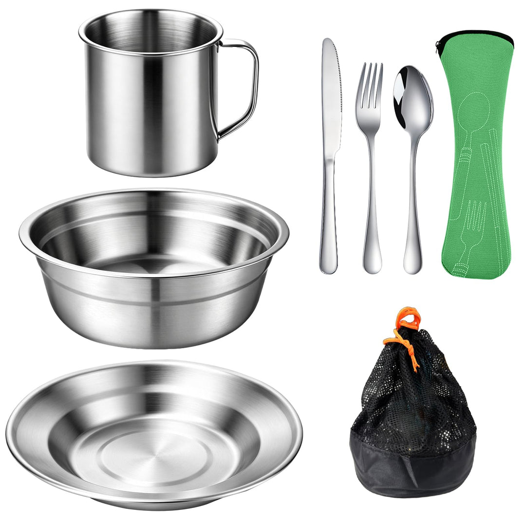 Campingbesteck Set 1 Person, Camping Geschirr Set Edelstahl mit Schalen Teller Tassen Gabeln Löffel