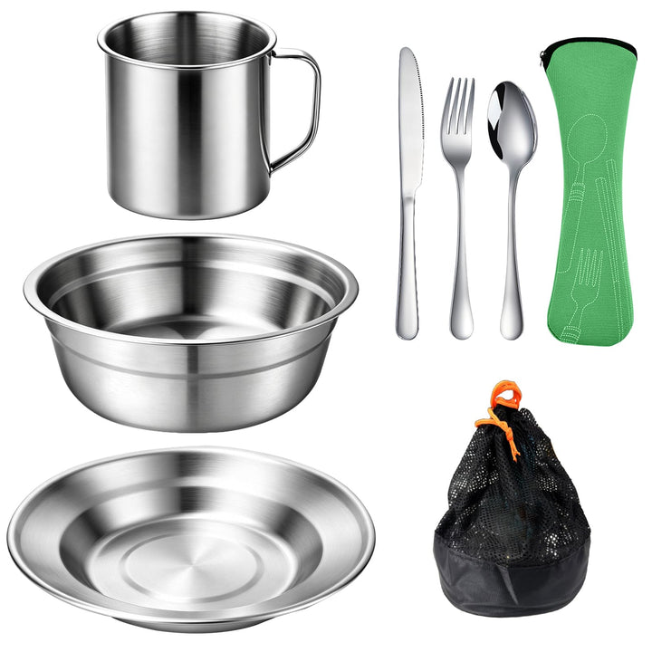 Campingbesteck Set 1 Person, Camping Geschirr Set Edelstahl mit Schalen Teller Tassen Gabeln Löffel