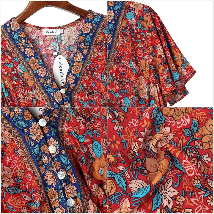 Clearlove Damen Sommerkleid Boho Kurzarm Midi Kleider V-Ausschnitt Strandkleid lang Blumenkleid Rüsc