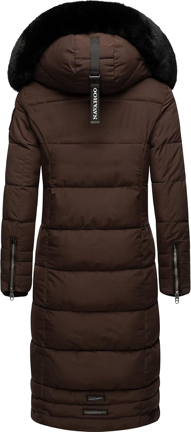 Navahoo Damen Wintermantel Warmer Steppmantel lang mit Abnehmbarer Kapuze Fahmiyaa XS-3XL 3XL Dark C