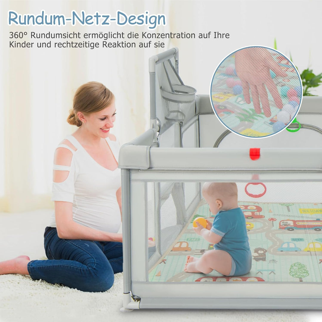 DREAMADE Laufstall baby, 188 x 157cm Laufgitter mit Matratze & Basketballkorb & Zugring, Schutzgitte