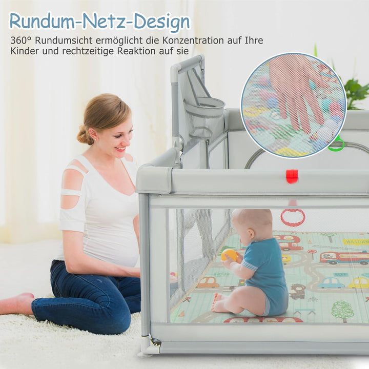 DREAMADE Laufstall baby, 188 x 157cm Laufgitter mit Matratze & Basketballkorb & Zugring, Schutzgitte