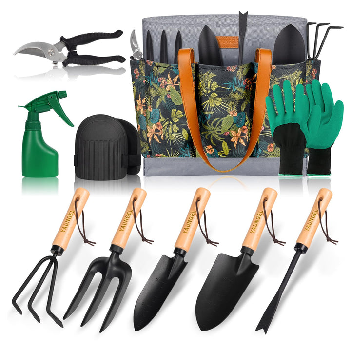 YAUNGEL Gartenwerkzeug Set, 10 Stück Schwerlast Edelstahl Gartenarbeit Kit mit Non-Slip Holzgriff- G