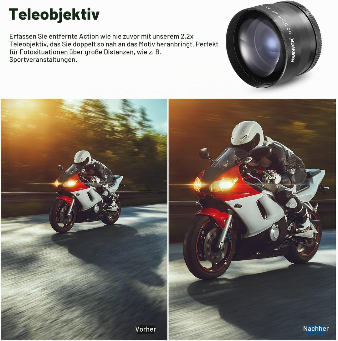 NEEWER 58mm Objektiv und ND Filter Set Weitwinkel/2,2 Fach Teleobjektiv für 18mm 85mm APS C Objektiv